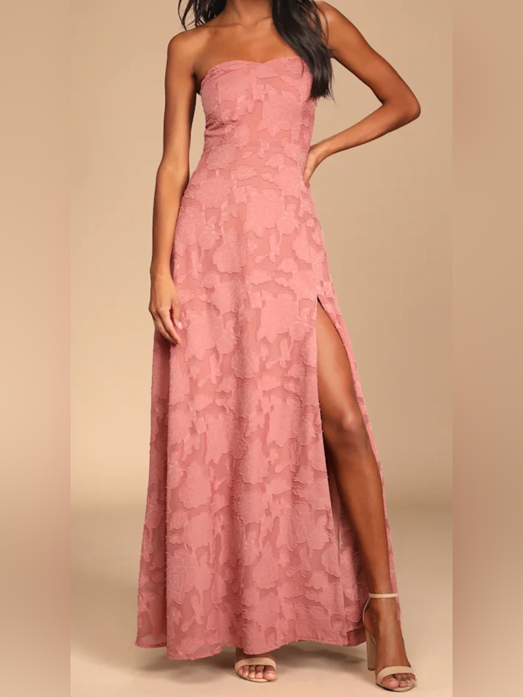 Lulu's Dusty Rose Strapless Lace Gown With Side Slit